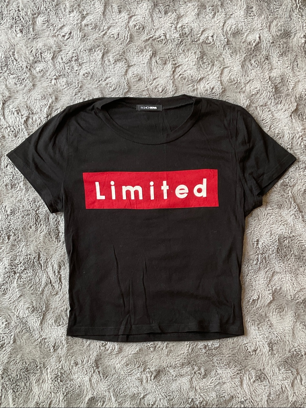 Fashion Nova Black Crop Top with Red "Limited" Block